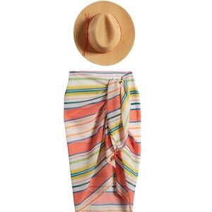 NWT Steve Madden Colorful Striped Sarong & Straw Hat Set RT $58